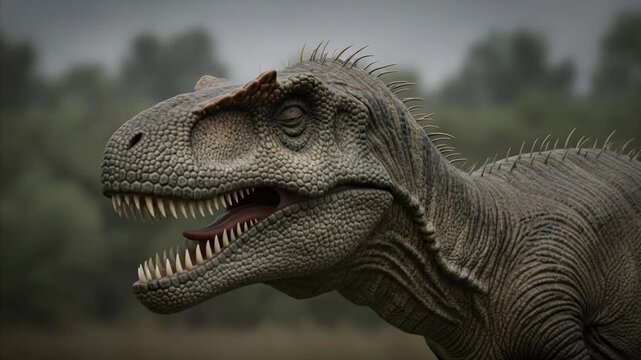 Fierce Allosaurus Dinosaur Roaring in a Prehistoric Forest