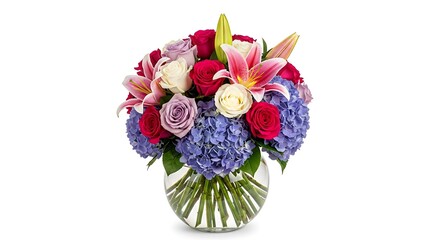 Beautiful Flower Bouquet with Blue Hydrangeas, Lilies, and Roses in Glass Vase Isolated on White

