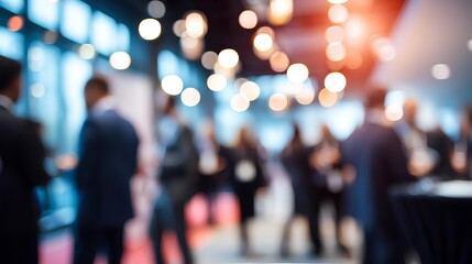 Fototapeta premium Networking Buzz: A blurred ambiance captures a vibrant convention, with silhouetted attendees engaging in conversations. The scene highlights the dynamic networking landscape of collaboration. 