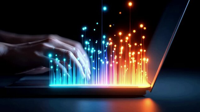 Hands typing on laptop with glowing data