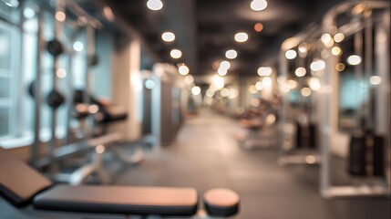 Fototapeta premium Gym Interior: A blurred perspective of a modern fitness center, revealing rows of exercise equipment and weights, fostering a sense of activity and the pursuit of health and fitness.