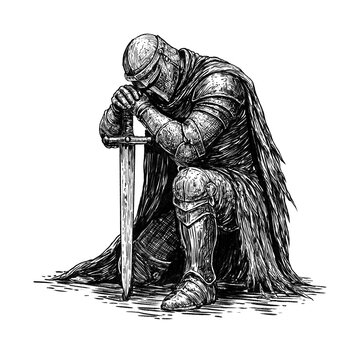 Fallen Knight Praying &mdash; Black and White Engraving Style Medieval Illustration