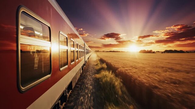 Red passenger train speeding across rural landscape during sunset journey. Vibrant sky with sun rays illuminating golden field. Transportation adventure.