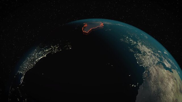 New York to Nuuk, Greenland HUD Earth flight path Globe Planet connecting country network. Rotating Earth. Day Night City light out of space 3d Animation