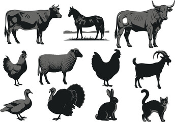 Fototapeta premium Farm animals illustrated in grayscale, featuring cows, horses, bulls, chickens, sheep, goats, ducks, rabbits, turkeys, and cats in various poses.