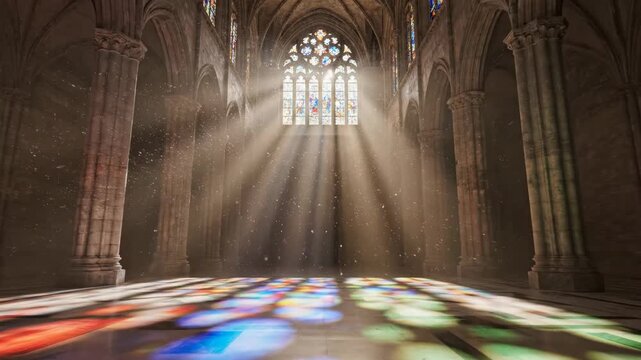 Gothic church interior with majestic stone columns, vaulted arches. Sun rays penetrate ornate stained glass window, casting colorful patterns on floor.