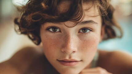 Naklejka premium Close-up portrait of a young boy's face. he has curly brown hair and blue eyes. his face is turned slightly to the side, and he is looking directly at the camera with a serious expression.