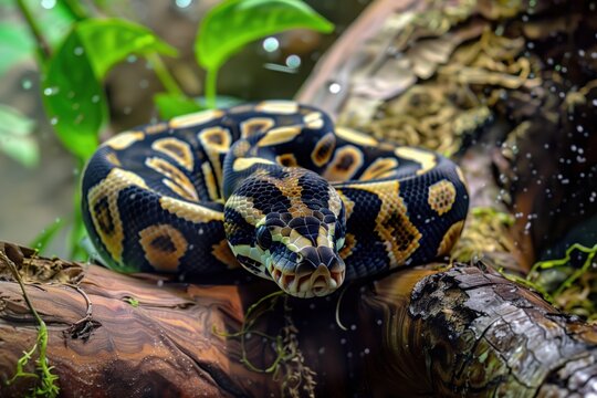 Beautiful and curious ball python resting on a wooden branch amidst lush greenery in a serene indoor habitat