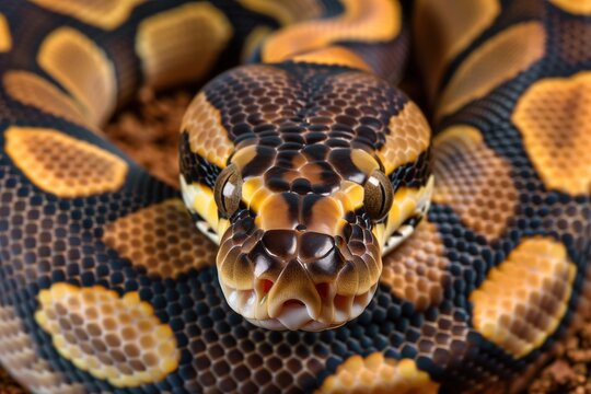 Majestic ball python displaying vibrant patterns of yellow and black in a serene habitat under soft, warm lighting