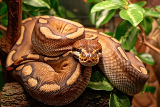 Captivating ball python resting among lush green plants in a cozy habitat during the evening hours