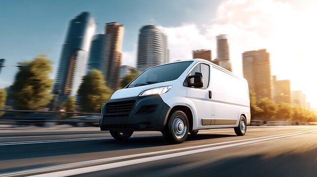 Elegant poto of A white cargo van drives on a city highway with a blurred modern skyline in the background during the golden hour.