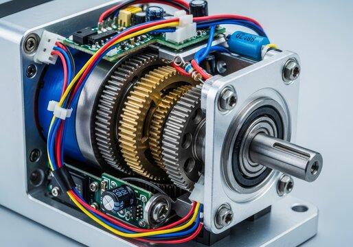 Close up of an advanced robotic servo motor assembly revealing intricate internal gearing, sophisticated wiring, and precise mechanical components, servo motor, detailed view, gear train