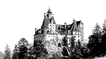 Obraz premium A stark black and white illustration of a castle perched atop a rocky cliff face, surrounded by trees