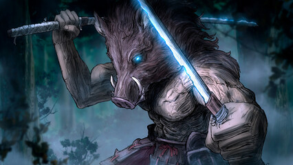 A stink with a kobane head and jagged shiny katanas. The beastman stands in the middle of the night forest in an epic pose with sharp swords at the ready, his eyes shining with blue light and his musc © warmtail