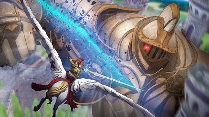 A female knight riding a pegasus flies into battle with a giant golem that is destroying the kingdom. The knight delivers a devastating blow with a magic sword that cuts through steel. 2d fantasy art. © warmtail
