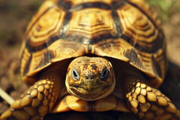 Naklejka premium Colorful tortoise resting peacefully on warm earth under gentle sunlight in a serene garden setting