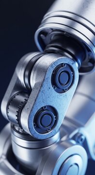Ultra realistic close macro shot of a complex robotic arm mechanical joint, emphasizing intricate metallic texture, wear, and precision engineering, innovation, detail, advanced