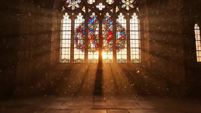 Church interior architecture with sunlight streaming through stained glass window, illuminating dust particles and casting colorful light patterns on stone floor.
