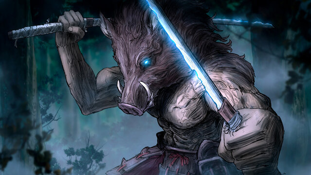 A stink with a kobane head and jagged shiny katanas. The beastman stands in the middle of the night forest in an epic pose with sharp swords at the ready, his eyes shining with blue light and his musc