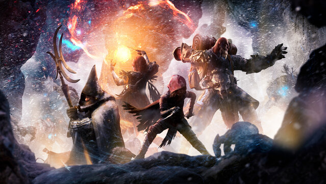 A group of adventurers were ambushed in the winter mountains. A warrior fighter, a dwarf priest, an elf sorceress, and an assassin halfling are preparing to battle snow golems in a blizzard. 2d art.