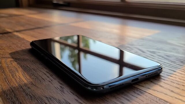 Black smartphone lying face down on wooden table surface, screen showing reflections of window and natural sunlight, modern technology concept.