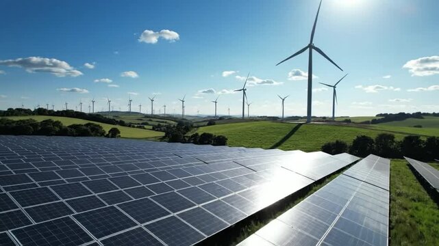 Renewable energy farm with solar panels and wind turbines under a bright blue sky, promoting sustainability