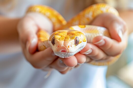 Holding a bright yellow hognose snake in gentle hands brings wonder and curiosity in a warm, sunlit room