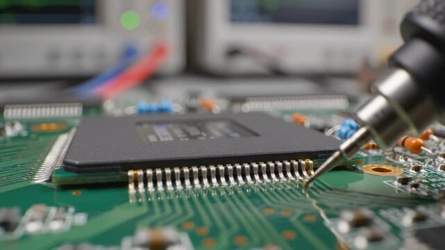 Close-up view of a soldering iron carefully touching the legs of a chip on a circuit board