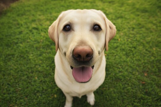 Playful yellow lab eagerly greets the camera on a sunny day in a green backyard filled with vibrant grass
