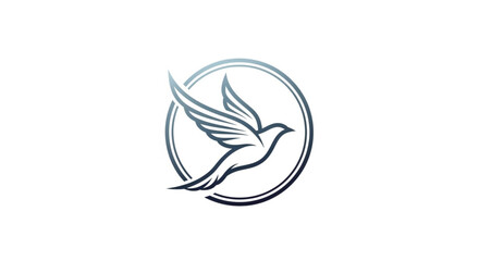 Fototapeta premium Professional minimalist logo featuring a graceful bird in flight enclosed within a sleek double-circular frame. This elegant line-art illustration uses a sophisticated navy-to-silver gradient.