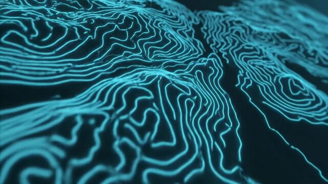 Dynamic abstract visualization of an unknown digital mountainous terrain showing glowing blue contour lines and undulating surface of data