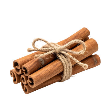 Bundled cinnamon sticks tied together with natural twine for culinary and aromatic use isolated on transparent background