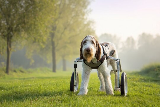 Happy spinone italiano dog enjoying a morning walk in a serene park with supportive wheels on sunny grass