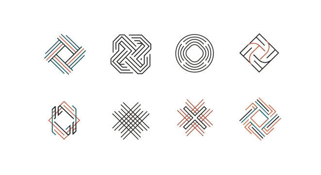 Minimalist collection of 8 linear monogram logos featuring symmetrical geometric patterns and thin-line art. These modern icons utilize overlapping parallel lines in black, blue, and coral tones .
