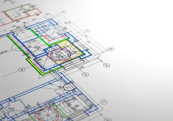 Fototapeta premium Close-up view of a detailed technical drawing emphasizing architectural precision and complex engineering specifications. Planning accuracy, scale, close up, innovation