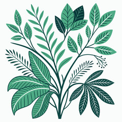 Big botanical vector bundle of green leaves in assorted shapes and scales, modern flat style, high-resolution, neatly organized on a seamless white background
