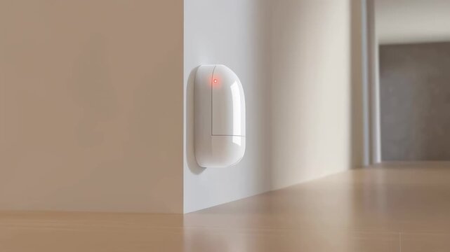 Modern white motion sensor installed on a wall corner. Enhancing home security and automation for smart living environments