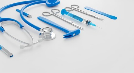 Clean white surface with essential blue medical implements arranged neatly, symbolizing sterile health practices and professional healthcare, design, healthcare, primary