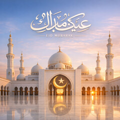 Obraz premium Grand Mosque at Sunset with Eid Mubarak Arabic Calligraphy and Crescent Moon Islamic