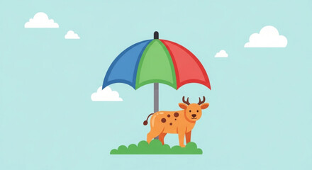 Spotted calf standing under colorful umbrella on green grass with blue sky and white clouds