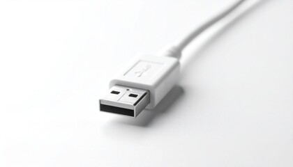 Close-up of a white USB cable connector on white surface.