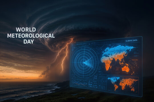 World Meteorological Day supercell thunderstorm with lightning over rugged coastline and translucent holographic radar interface showing climate data temperature anomalies wind vectors isobars