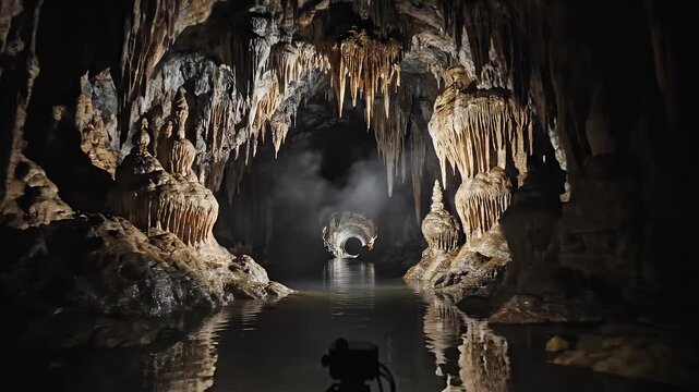 Dark, rocky tunnel with stalactites and stalagmites over still water