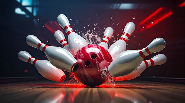 Bowling ball striking pins with dramatic red lighting action scene
