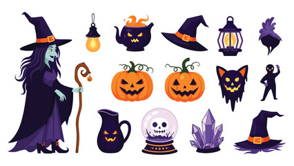 Character design of a powerful witch with a staff surrounded by magic items like cauldron, pumpkins, and a skull.