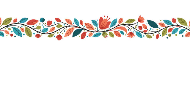 Seamless horizontal floral border with colorful autumn leaves and red flowers on a clean and bright white background.