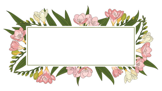 Rectangular frame surrounded by delicate pink and white freesia flowers and green leaves on a white background.