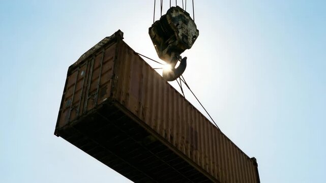 Crane hook lifting shipping container in industrial logistics operation