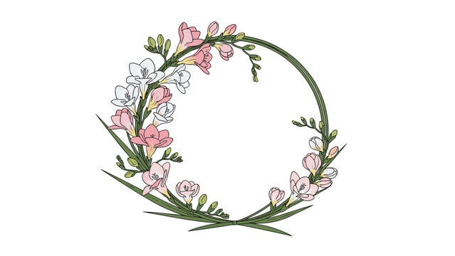 Circular wreath made of delicate pink and white freesia flowers and long green grass blades on a white background.