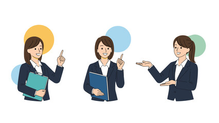 Obraz premium Set of three professional businesswomen in dark suits gesturing and pointing while holding a clipboard against colorful circles.